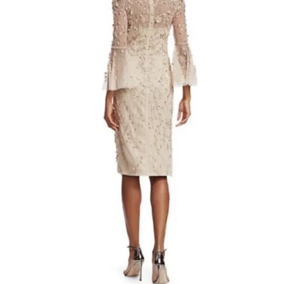 THEIA Hand-Beaded & Petal Applique 3/4 Bell-Sleeve Dress Women’s SIZE 4 - Picture 4 of 14